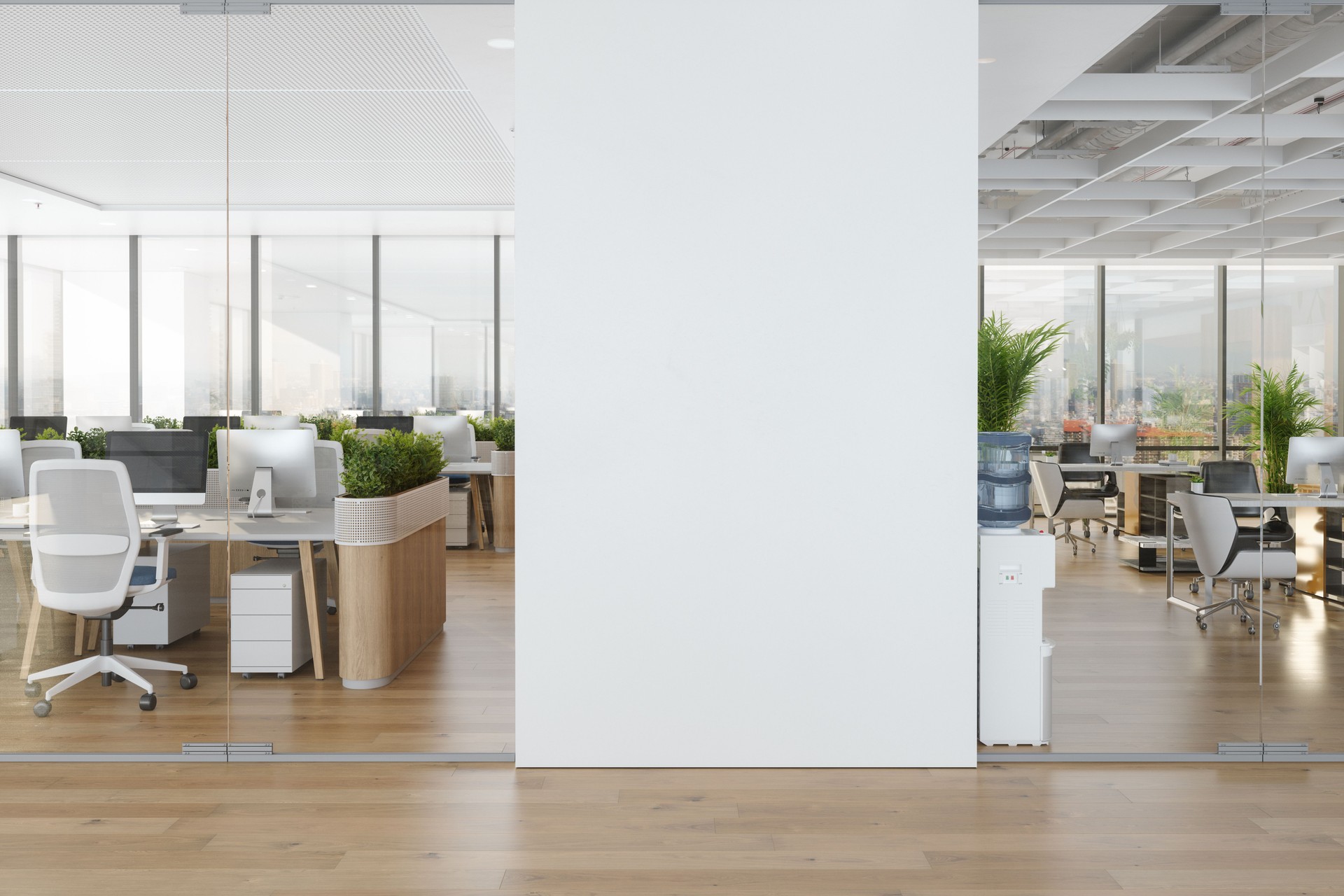 Modern Open Plan Empty Office With White Blank Wall, Tables, Computers And Plants